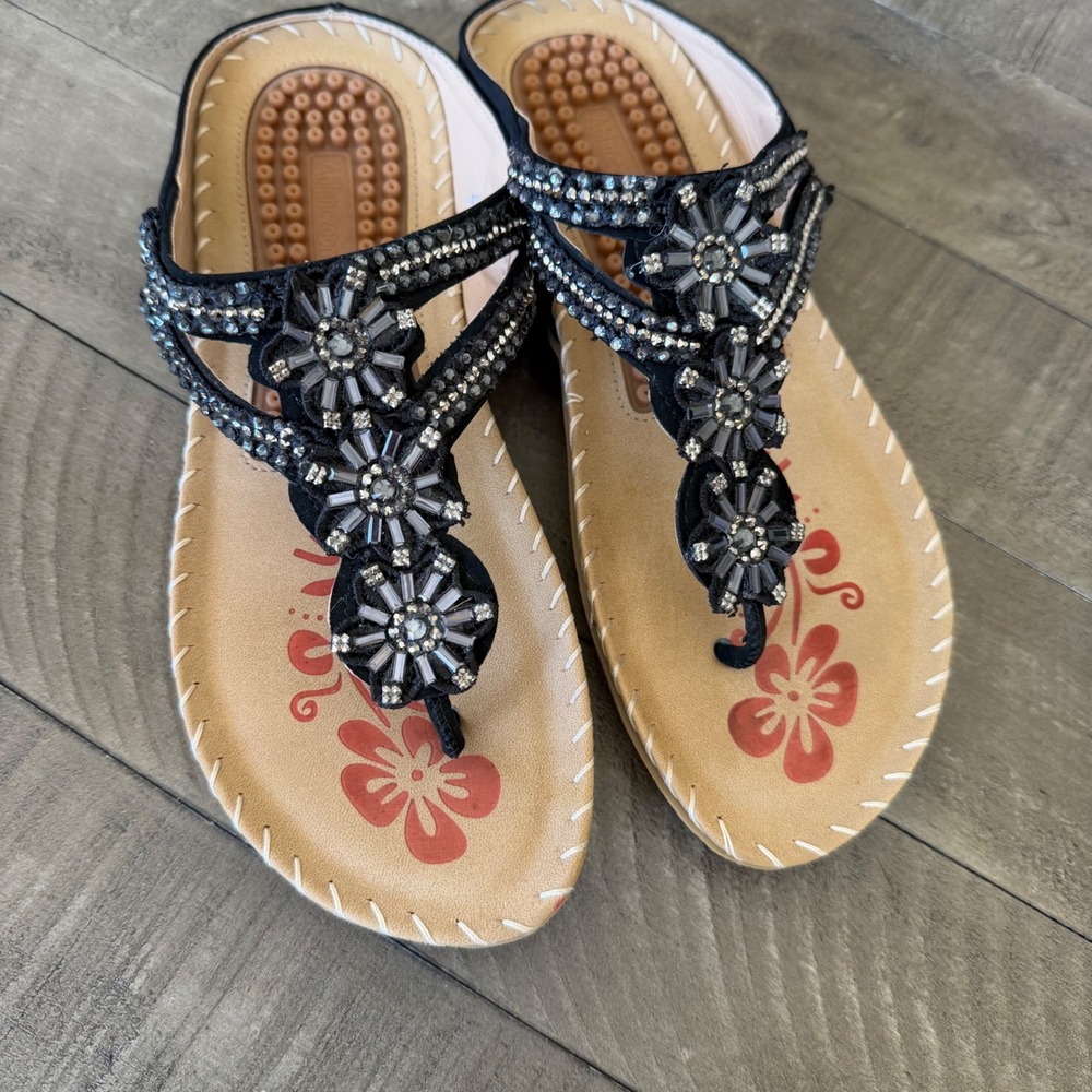 Ablanczoom Black Rhinestone Floral Thong Sandals Massage Footbed Womens 40 - Picture 2 of 7